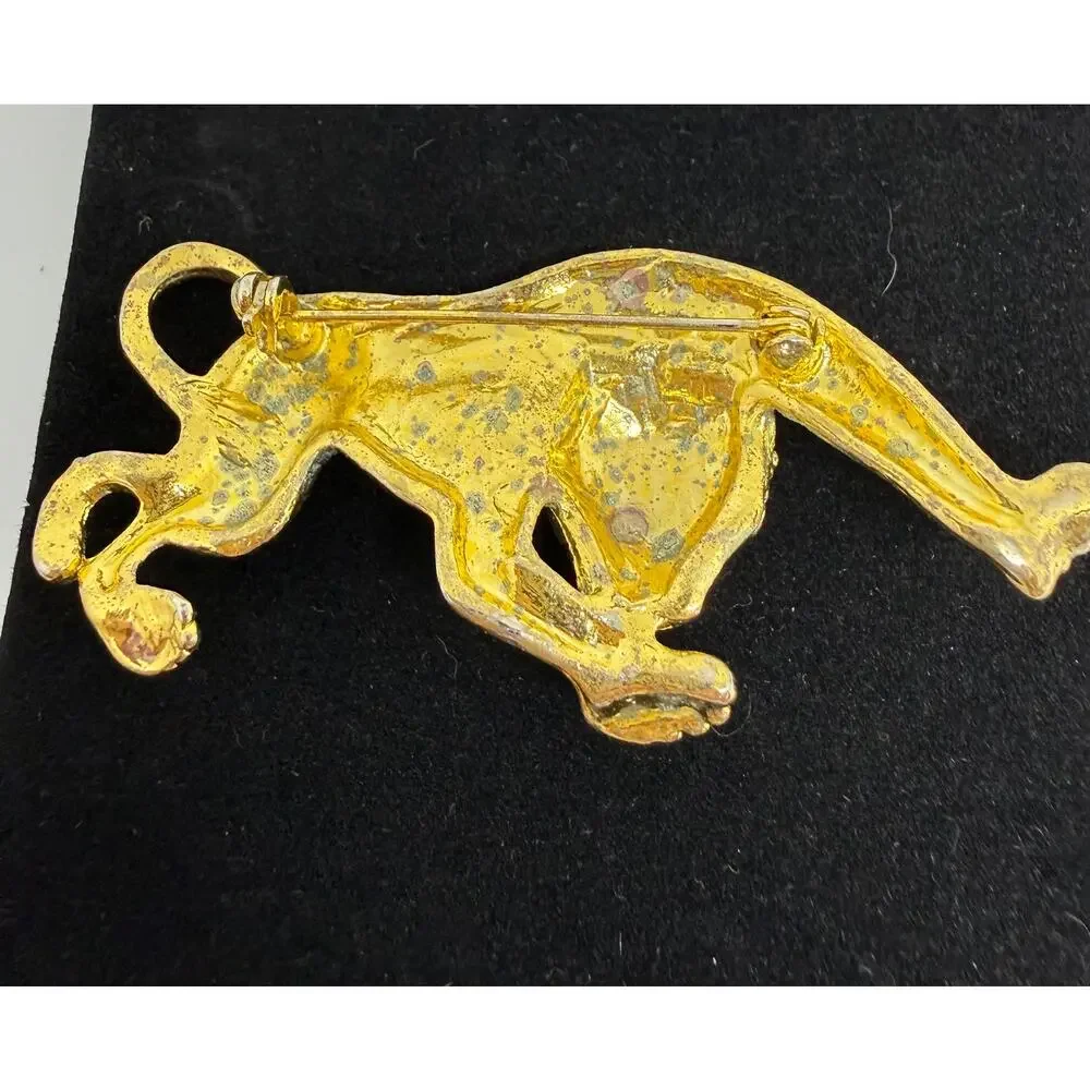 Tiger Leopard Brooch Gold Tone Red Eyes Figural Big Cat Safari Statement Jewelry